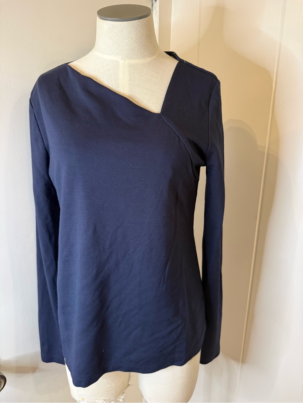 CAbi Navy Asymmetric Neck Long Sleeve Top Sz M